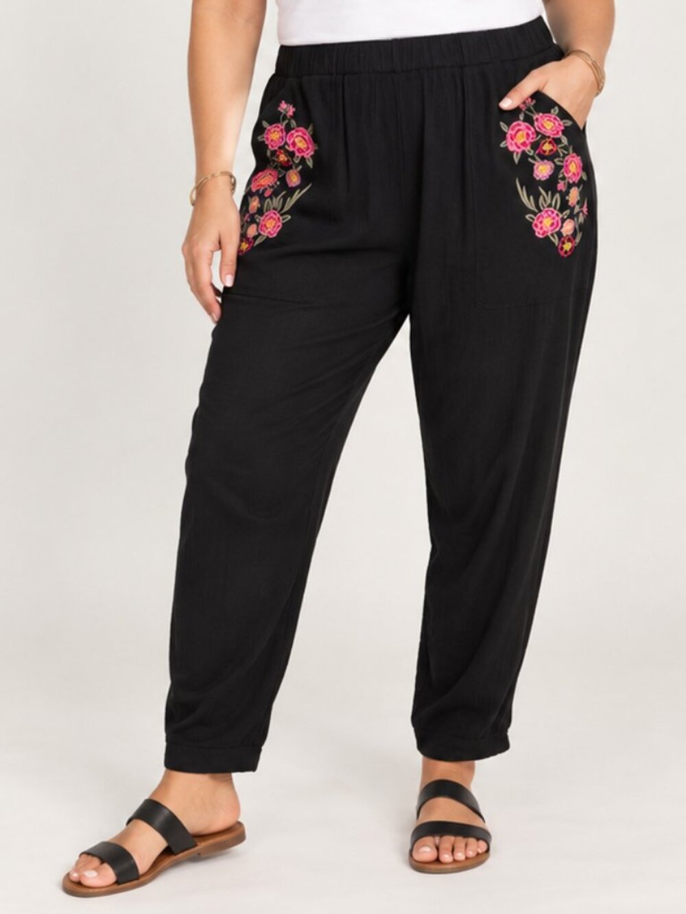Umgee Black Stretchy Crinkled Paper Bag Pants Pink Floral Embroidery Semi Sheer